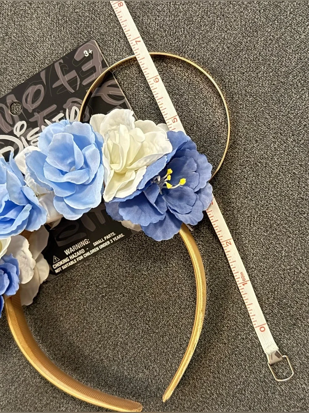 Disney Gold Minnie Ear Headband with Blue and White Fabric Flowers